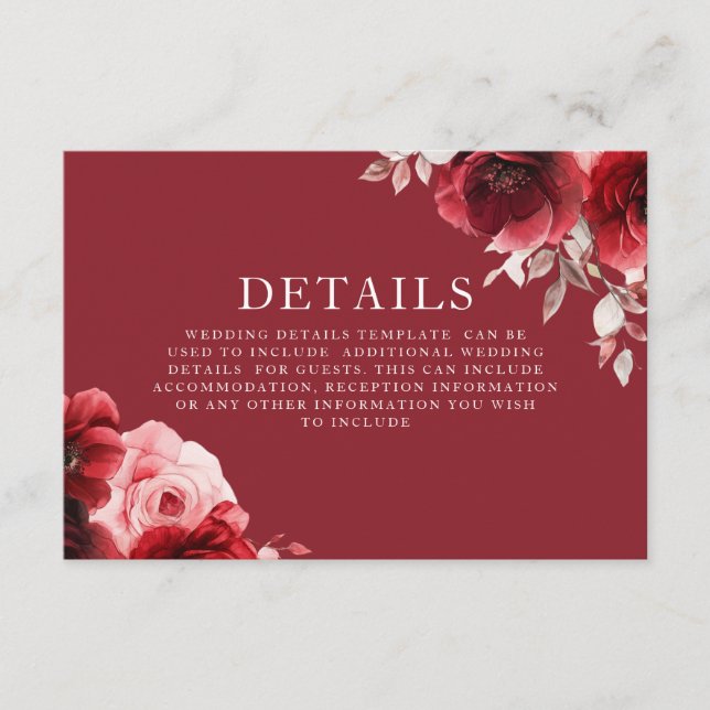 Luxe Radiance Ruby Rote Rosen Bloom Wedding Detail Begleitkarte (Vorderseite)