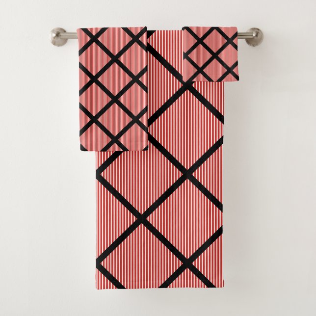 LUXE RED BLACK STRIPE GRID BATH TOWEL SET (Insitu)