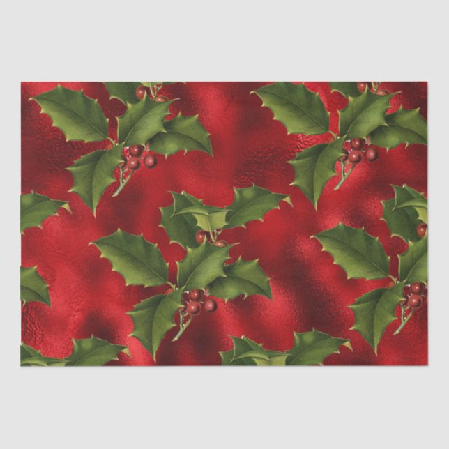Luxe Red Foil, Green Holly, Red Berries Wrapping P Seidenpapier (Vorderseite)