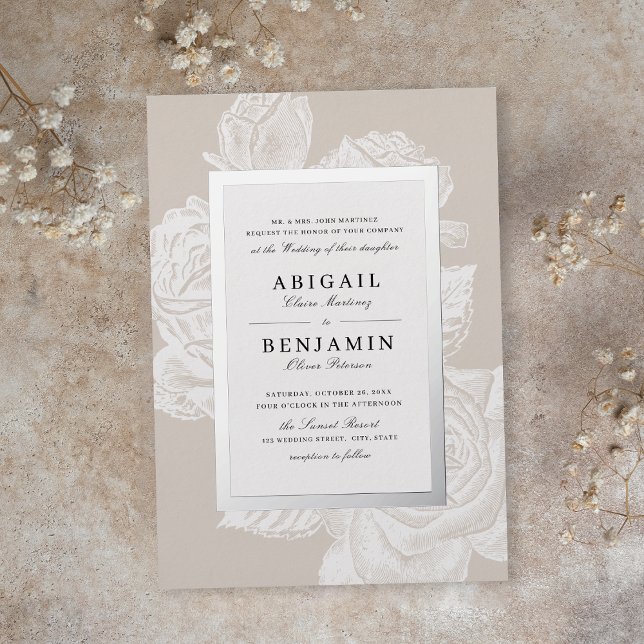 Luxe Rose Floralsilber Vintage botanische Hochzeit Folieneinladung (Luxe rose floral silver vintage botanical wedding foil invitation)