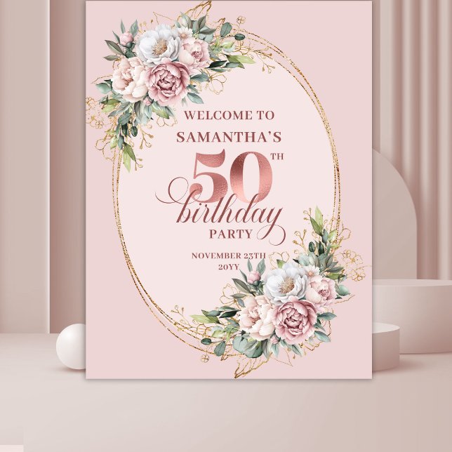 Luxe Rose Gold Botanical 50th Birthday Party Banne Wandteppich (Luxe Rose Gold Botanical 50th Birthday Party Banner)