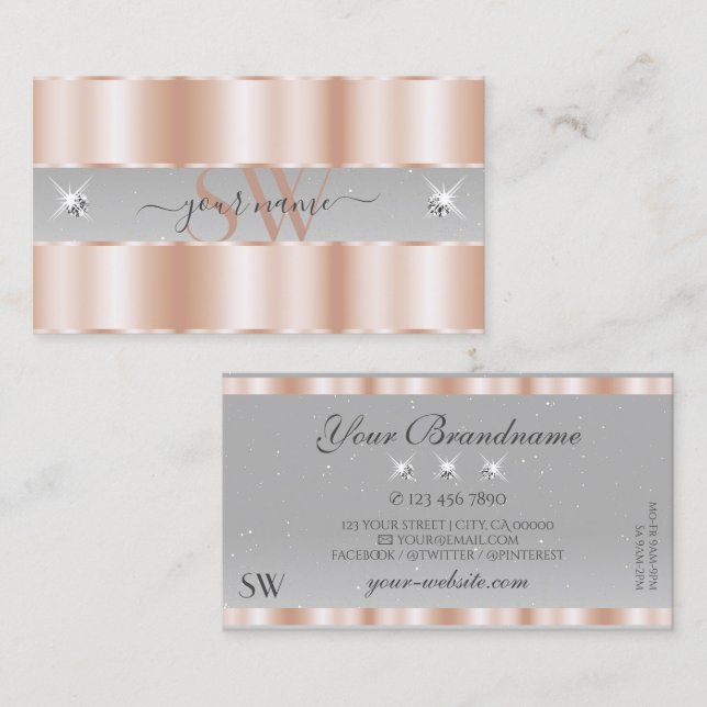 Luxe Rose Gold Light Gray Sparkle Jewels Initials Visitenkarte (Vorne/Hinten)