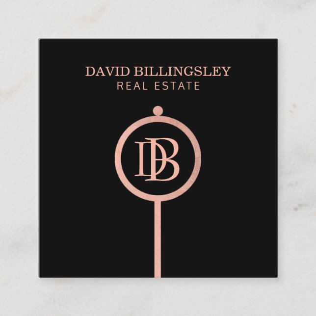 Luxe Rose Gold Skeleton Key Monogram Realtor Quadratische Visitenkarte (Vorderseite)