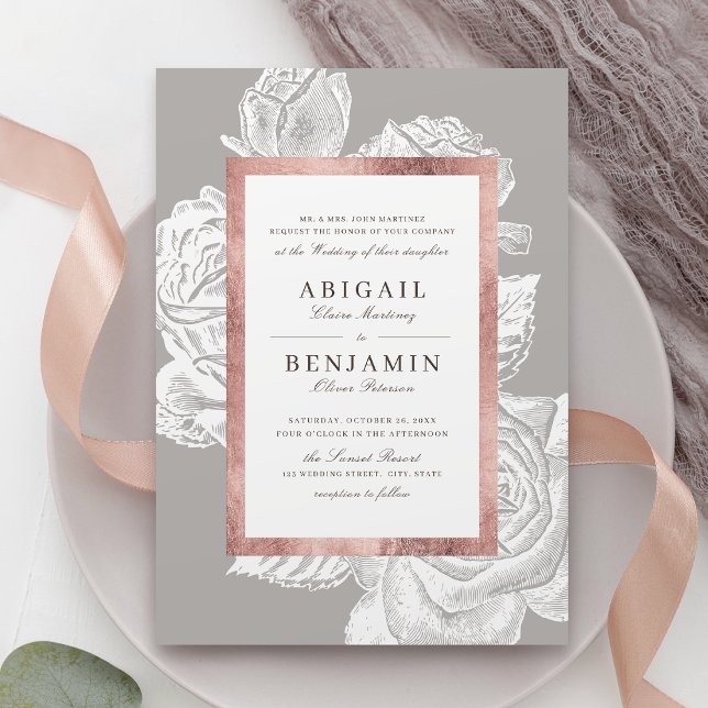 Luxe Rose Gold Vintage botanische Blumenhochzeit Einladung (Luxe rose gold vintage botanical floral wedding invitation)