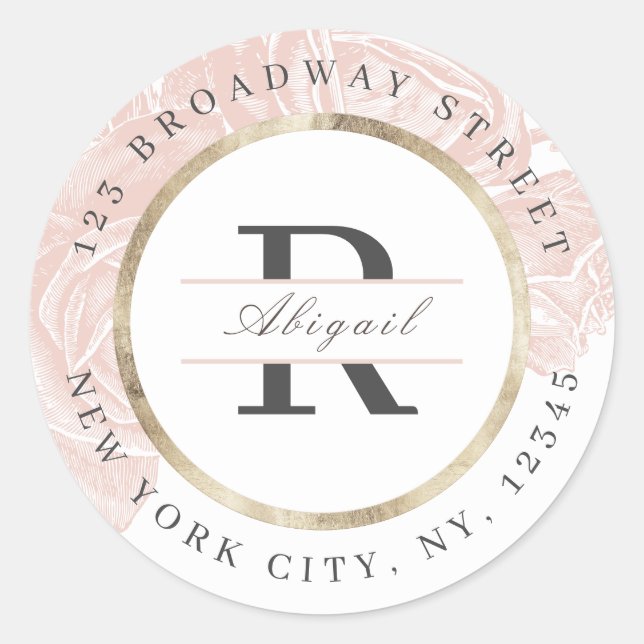 Luxe Rose Goldgold Monogramm Rücksendeadresse Runder Aufkleber (Vorderseite)