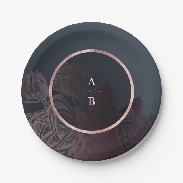 Luxe Rose Goldmoody Vintage botanische Hochzeit Pappteller (Vorderseite)