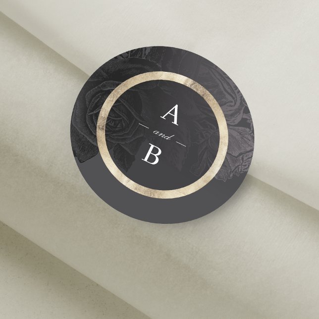 Luxe Rose Schwarz Vintage botanische Hochzeitsmono Runder Aufkleber (Luxe rose black vintage botanical wedding monogram classic round sticker)
