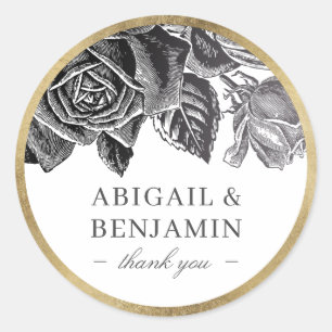 Luxe Rose Schwarz-weißes Gold Vintag Blütenhochzei Runder Aufkleber
