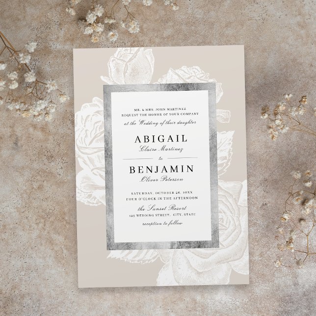 Luxe Rose silberneutral Vintage botanische Hochzei Einladung (Luxe rose silver neutral vintage botanical wedding invitation)