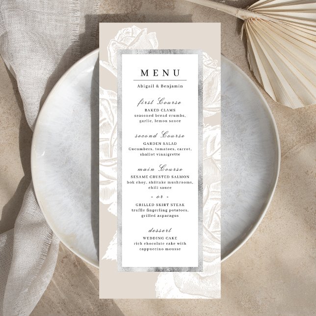 Luxe Rose silberneutral Vintage botanische Hochzei Menükarte (Luxe rose silver neutral vintage botanical wedding menu)