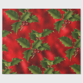 Luxe Rote Imitate Foil, Green Holly, Red Berries Geschenkpapier