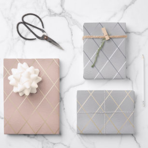 Luxe Silber und Rose Gold mit glatten Diagonallini Geschenkpapier Set