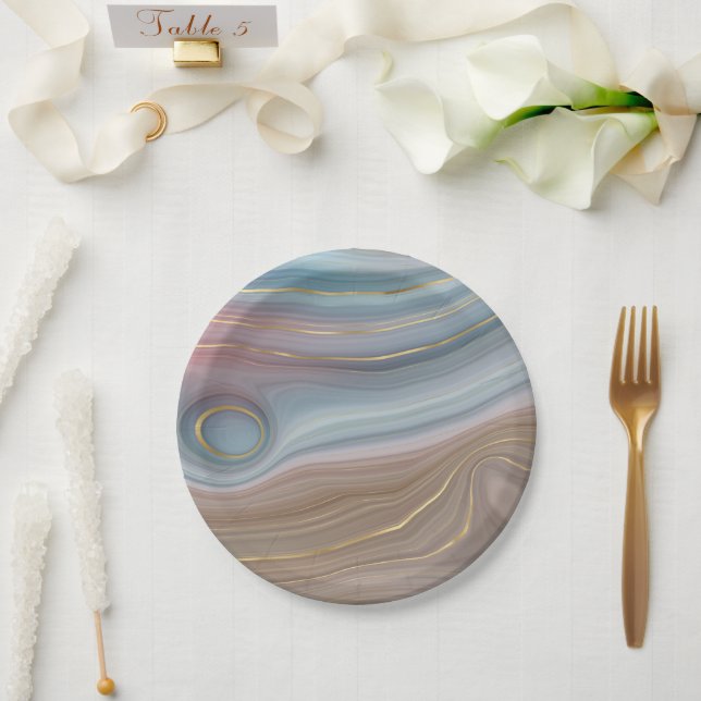 Luxe Strata | Dusty Slate Blue Taupe Pink Agate Pappteller (Hochzeit)