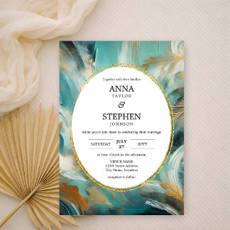 Luxe Turquoise Gold Brushstroke Wedding Einladung