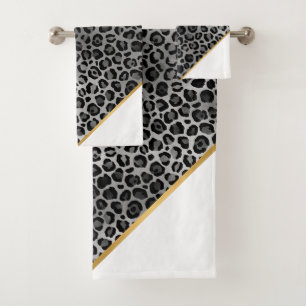 LUXE WHITE GRAY LEOPARD GOLD BATH TOWEL SET