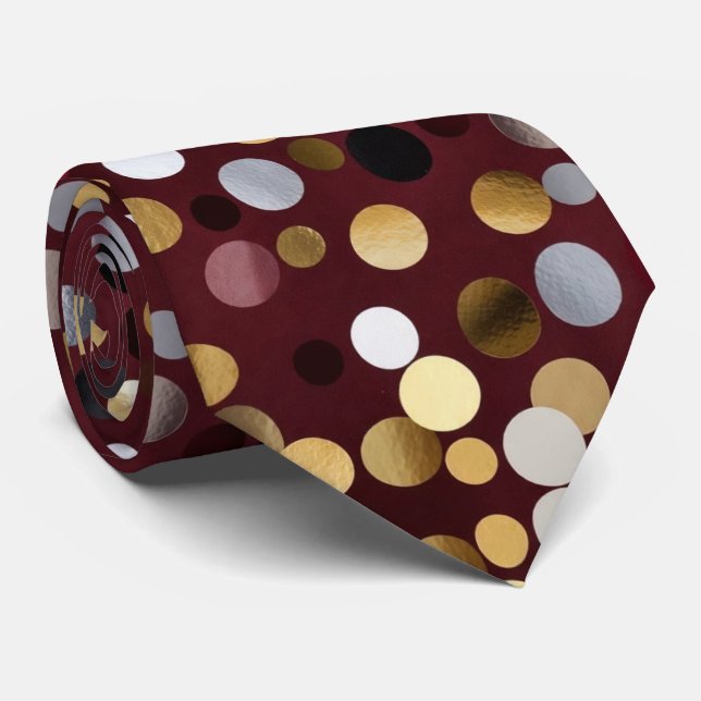  Luxe Wine Red with Gold & Silver Dot  Krawatte (Gerollt)