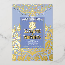 LuxGlitter Blue Gold Ganesha Hindu Wedding Folieneinladung