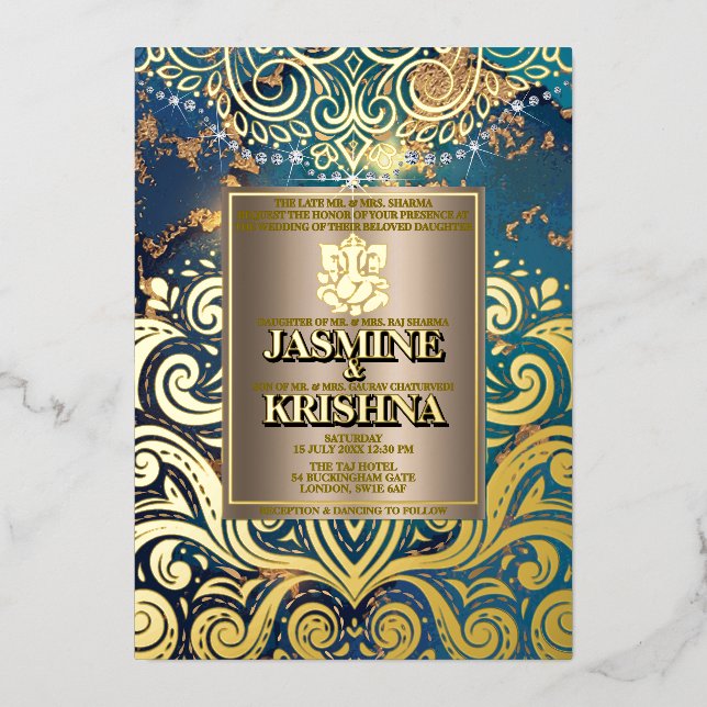 LuxGlitter Blue Gold Hindu Ganesha Indian Wedding Folieneinladung (Vorderseite)
