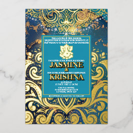 LuxGlitter Blue Gold Hindu Ganesha Indian Wedding Folieneinladung