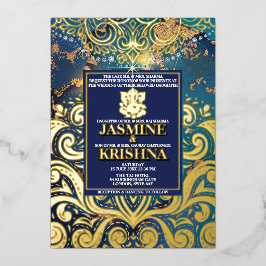 LuxGlitter Blue Gold Hindu Ganesha Indian Wedding Folieneinladung