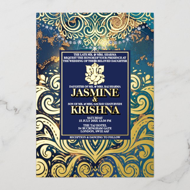 LuxGlitter Blue Gold Hindu Ganesha Indian Wedding Folieneinladung (Vorderseite)