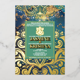 LuxGlitter Blue Gold Hindu Ganesha Indian Wedding Folieneinladung