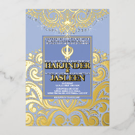 LuxGlitter Blue Gold Sikh Anand Karaj Wedding Folieneinladung