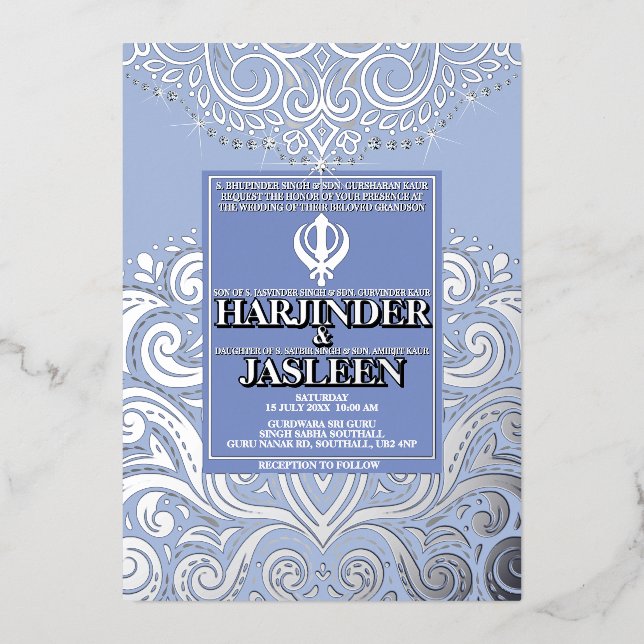 LuxGlitter Blue Silver Sikh Anand Karaj Wedding Folieneinladung (Vorderseite)