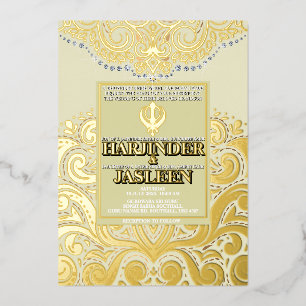 LuxGlitter Ivory Gold Sikh Anand Karaj Wedding Folieneinladung