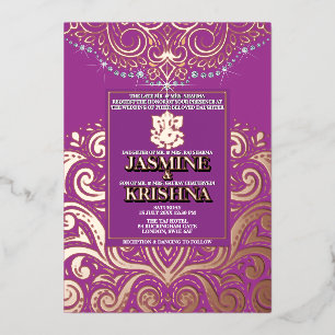 LuxGlitter Lila PinkGold Ganesha Hindu Wedding Folieneinladung