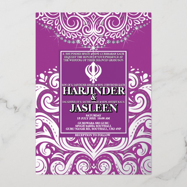 LuxGlitter Lila Silver Sikh Anand Karaj Wedding Folieneinladung (Vorderseite)