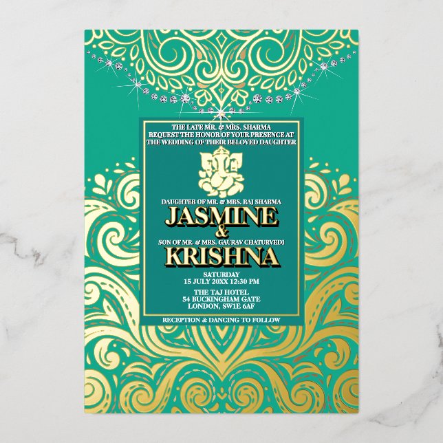 LuxGlitter Peacock Gold Ganesha Hindu Wedding Folieneinladung (Vorderseite)
