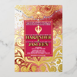 LuxGlitter Pink & Gold Sikh Anand Karaj Wedding Folieneinladung