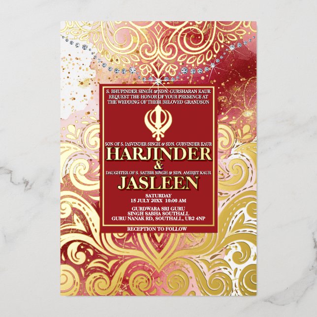 LuxGlitter Pink & Gold Sikh Anand Karaj Wedding Folieneinladung (Vorderseite)