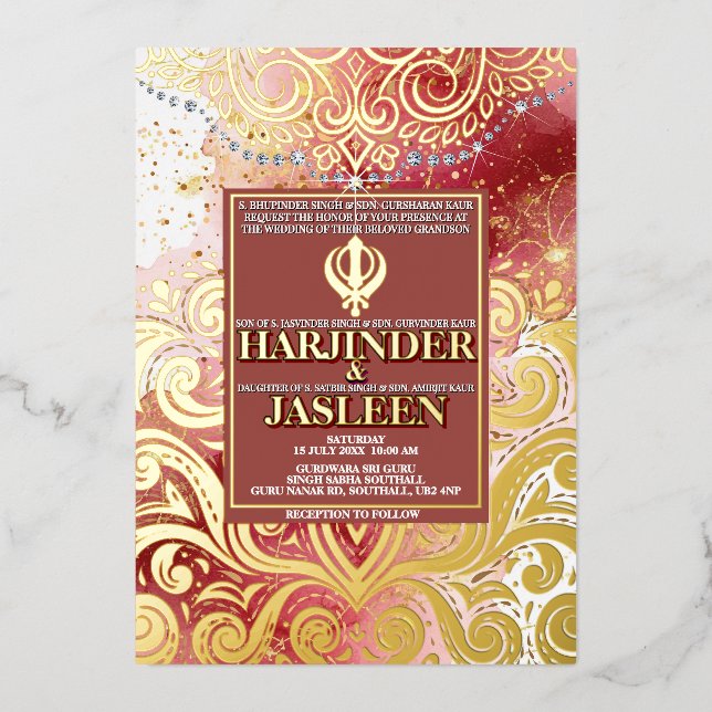 LuxGlitter Pink & Gold Sikh Anand Karaj Wedding Folieneinladung (Vorderseite)