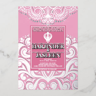 LuxGlitter Pink Silver Sikh Anand Karaj Wedding Folieneinladung