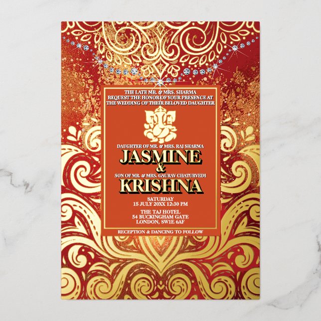 LuxGlitter Red Gold Hindu Ganesha Indianer Folieneinladung (Vorderseite)