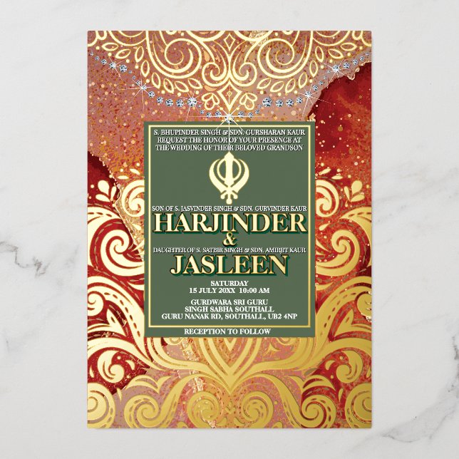 LuxGlitter Red Sikh Anand Karaj Indian Wedding Folieneinladung (Vorderseite)