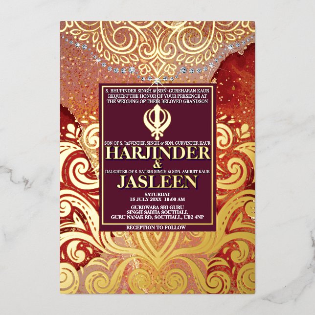 LuxGlitter Red Sikh Anand Karaj Indian Wedding Folieneinladung (Vorderseite)