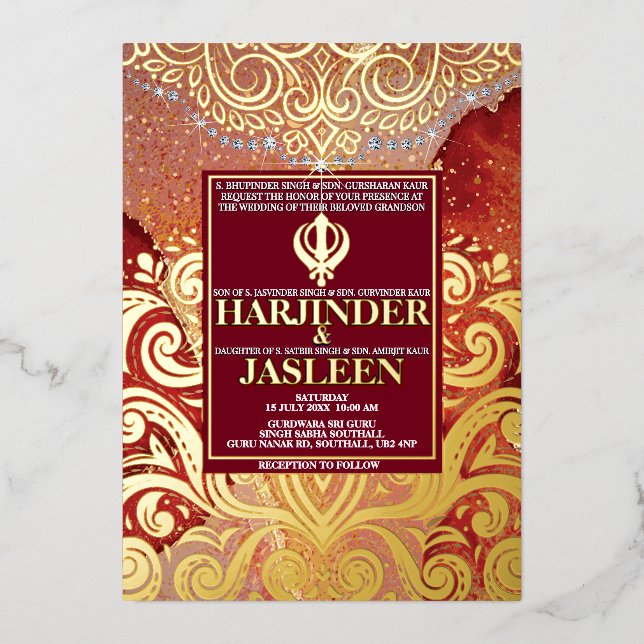 LuxGlitter Red Sikh Anand Karaj Indian Wedding Folieneinladung (Vorderseite)