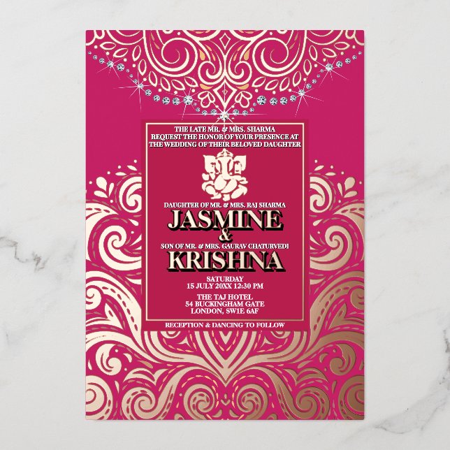 LuxGlitter RosePink PinkGold Ganesha Hindu Wedding Folieneinladung (Vorderseite)