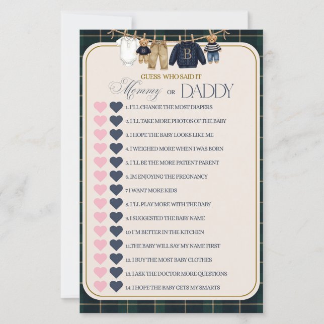 Luxsary Teddy Bear Plaid Baby Shower Game (Vorderseite)