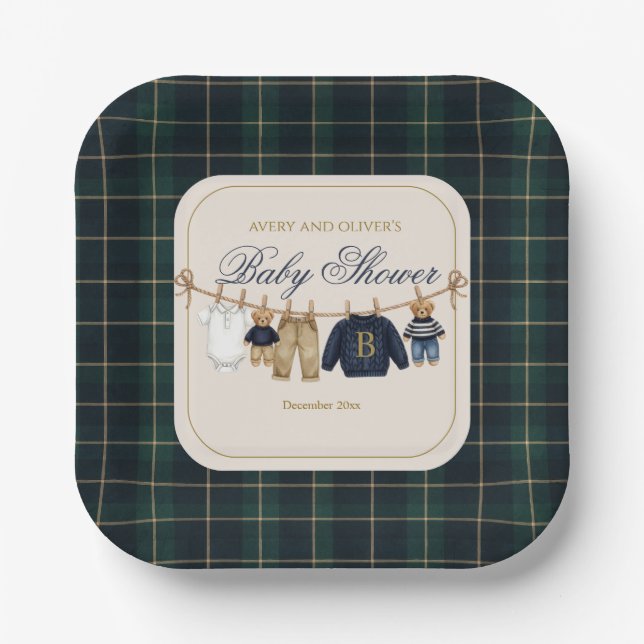 Luxsary Teddy Bear Plaid Baby Shower Paper Plate Pappteller (Vorderseite)