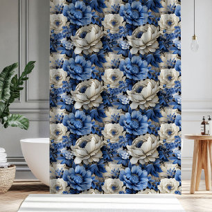 Luxuriös Blaue Elfenbein Blumen Elegante Badezimme Duschvorhang