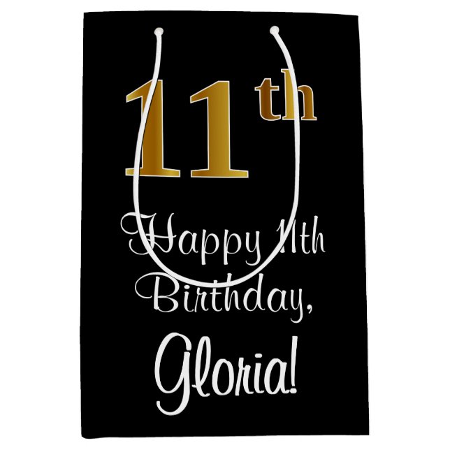 Luxuriös, elegant, Imitate Gold Look 11. Geburtsta Mittlere Geschenktüte (Vorderseite)