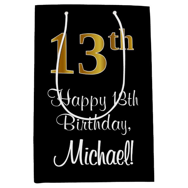 Luxuriös, elegant, Imitate Gold Look 13. Geburtsta Mittlere Geschenktüte (Vorderseite)