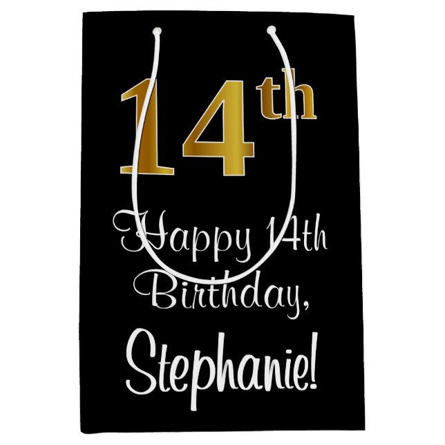 Luxuriös, elegant, Imitate Gold Look 14. Geburtsta Mittlere Geschenktüte (Vorderseite)