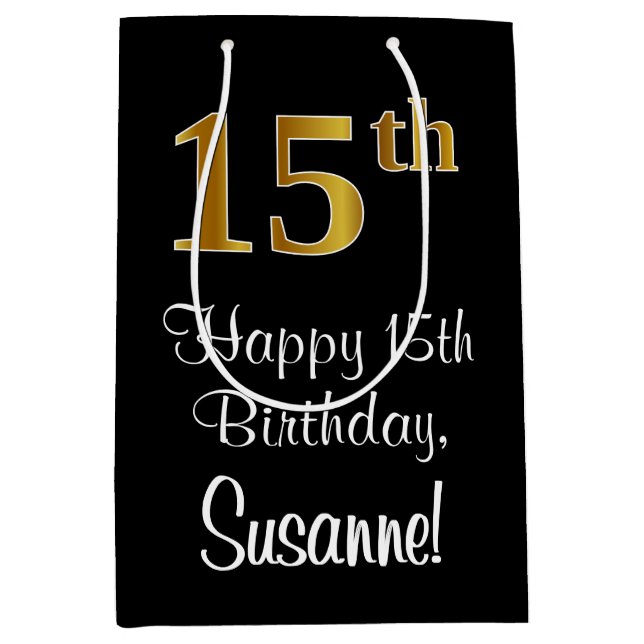 Luxuriös, elegant, Imitate Gold Look 15. Geburtsta Mittlere Geschenktüte (Vorderseite)