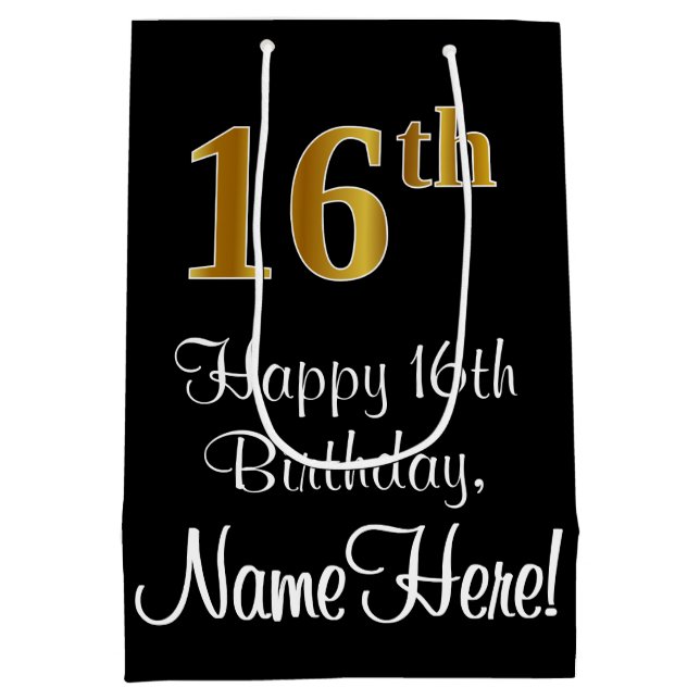 Luxuriös, elegant, Imitate Gold Look 16. Geburtsta Mittlere Geschenktüte (Rückseite)