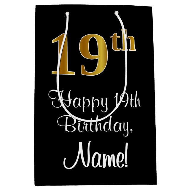 Luxuriös, elegant, Imitate Gold Look 19. Geburtsta Mittlere Geschenktüte (Vorderseite)